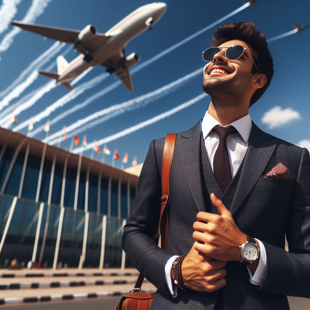 Indian Professional looking at flight in airspace