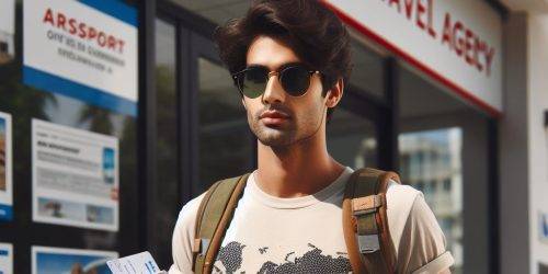 An Indian Tourist outside the travel agency office