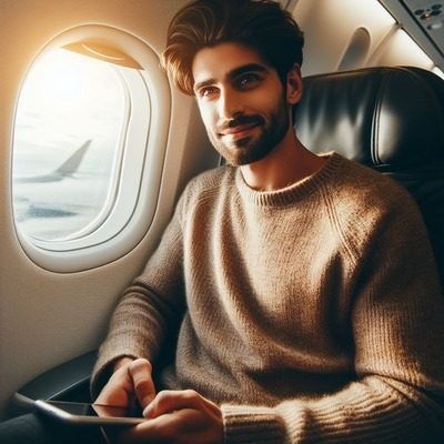 Indian migrating abroad, sitting near window in flight